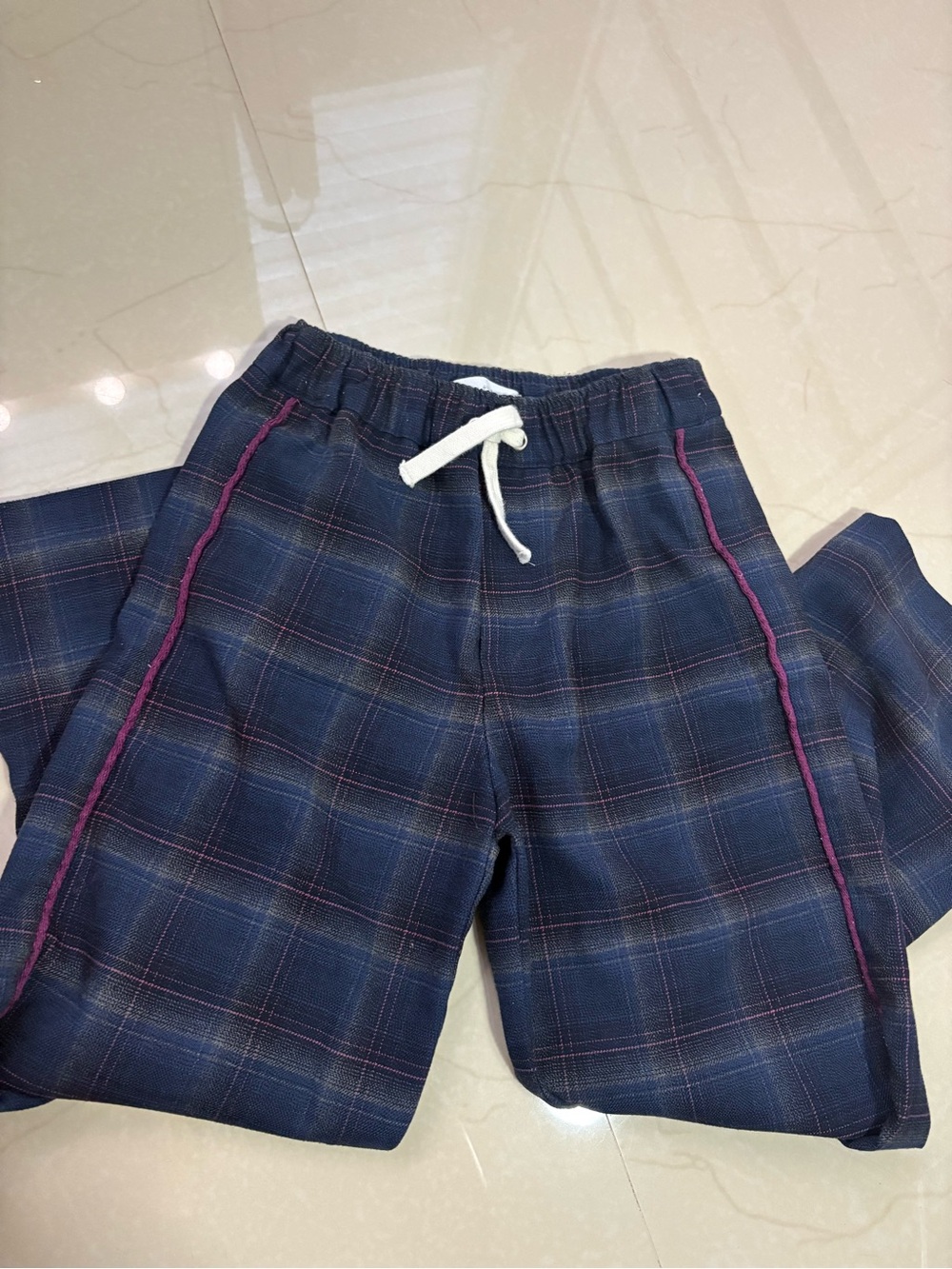 Zara GirlsPlaid DrawstringPants - Blue with Pink Trim